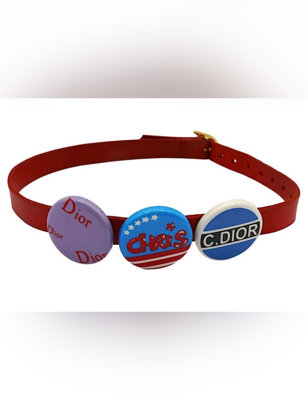 Rare DIOR Vintage Red Leather Necklace Lavender, Blue ,White Logo Medallions